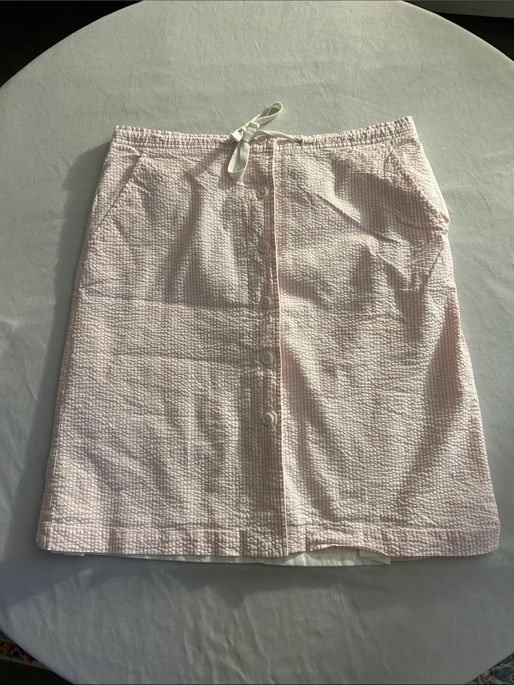 Orvis Light Pink Seersucker Button-Front Mini Skirt